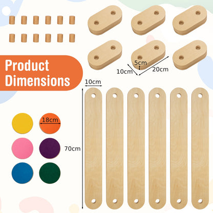 Product dimensions diagram showing the wooden balance beam parts and colourful stepping stones