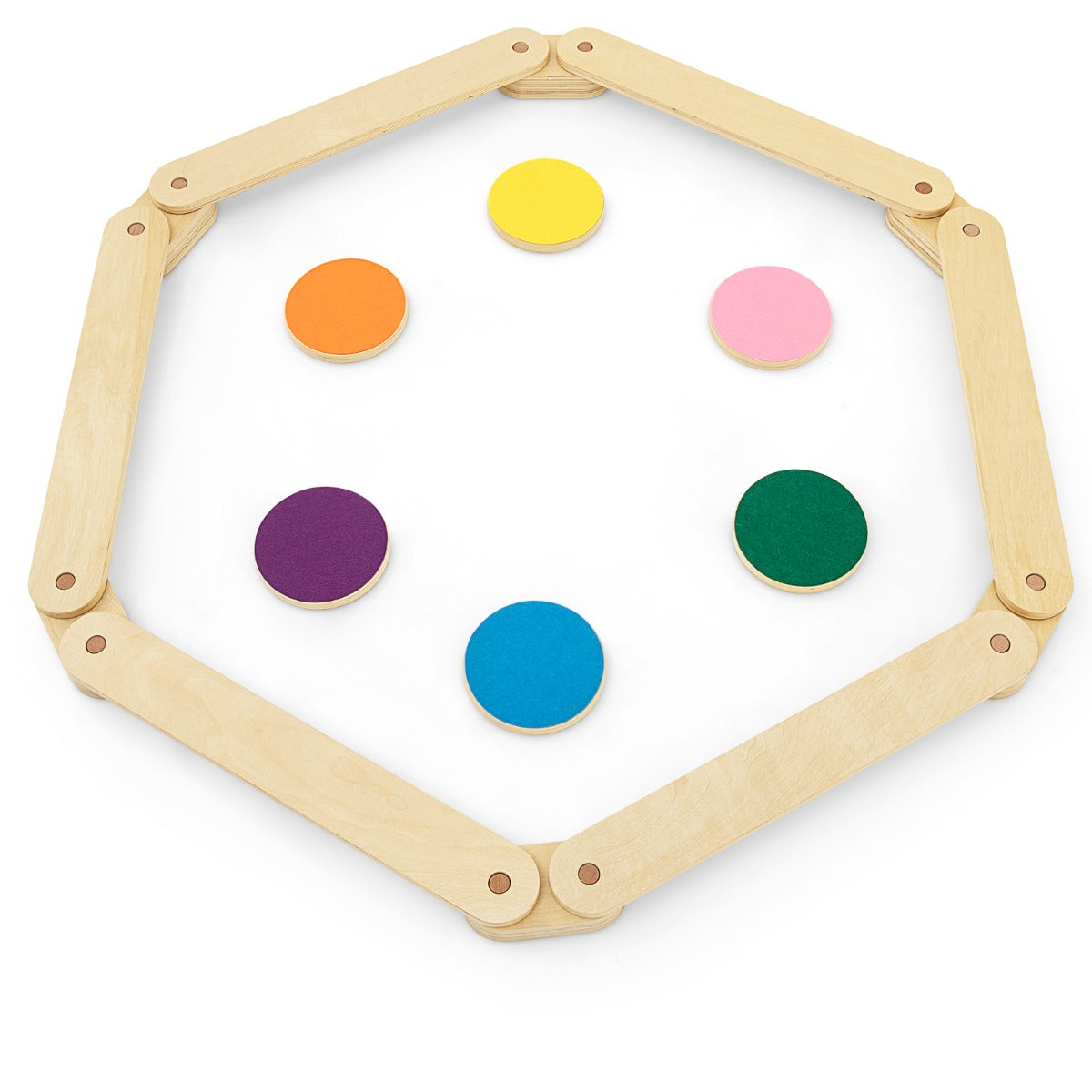 12 Pcs Kids Wooden Balance Beam with colorful stepping stones arranged in a hexagon shape