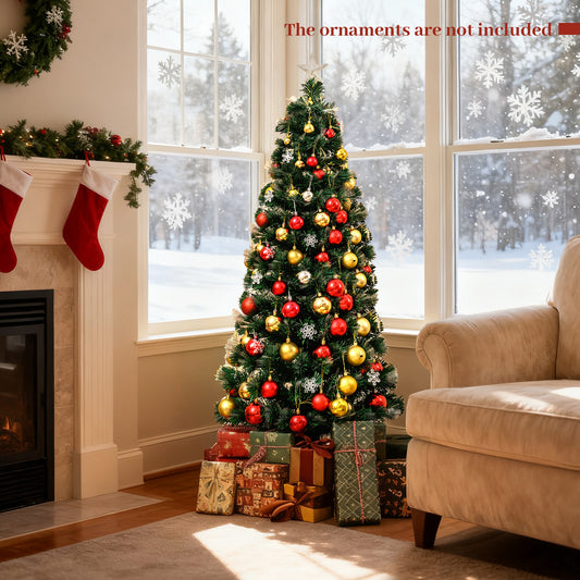 The Christmas tree decorated with baubles and presents underneath in a cosy room