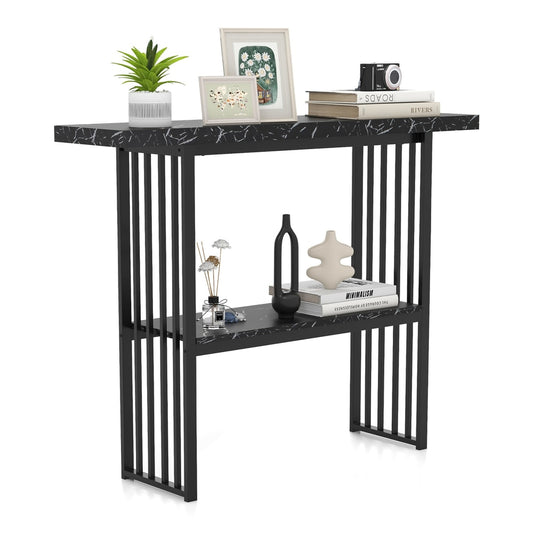 120 cm Long Narrow Console Table with faux marble top and black metal frame