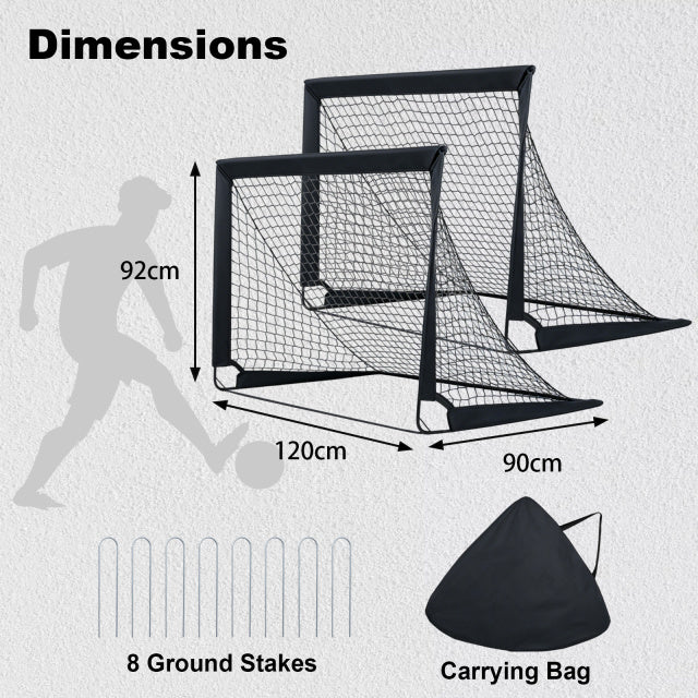 Dimensions diagram showing two pop up football nets, stakes and carry bag