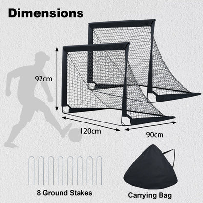 Dimensions diagram showing two pop up football nets, stakes and carry bag