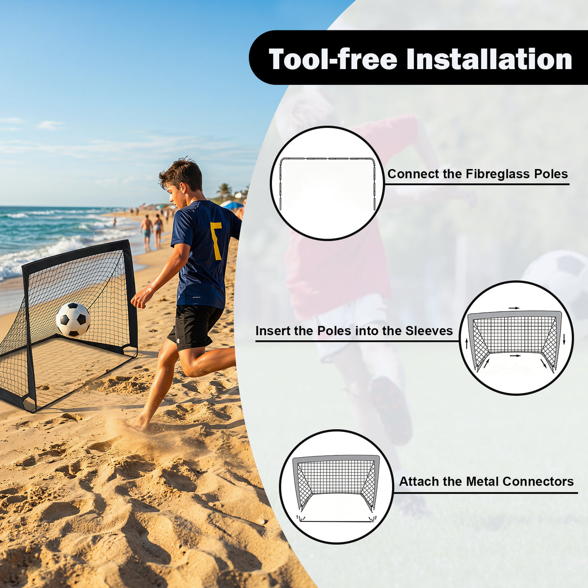 Instructions for tool-free installation of the pop up football nets