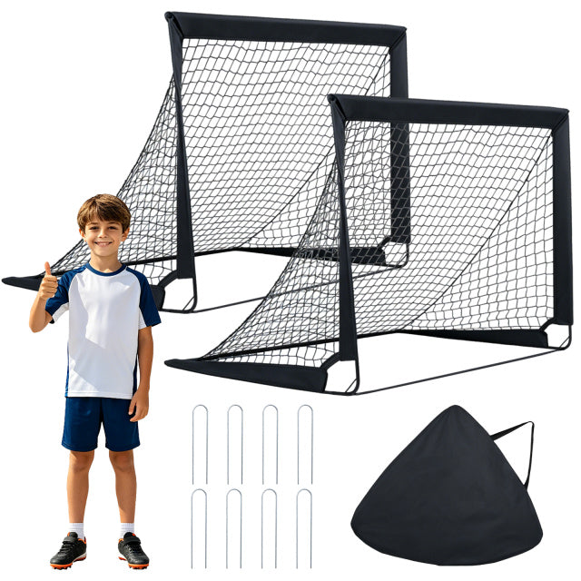 Set of 2 Pop Up Football Nets with a boy giving a thumbs up, stakes and carry bag