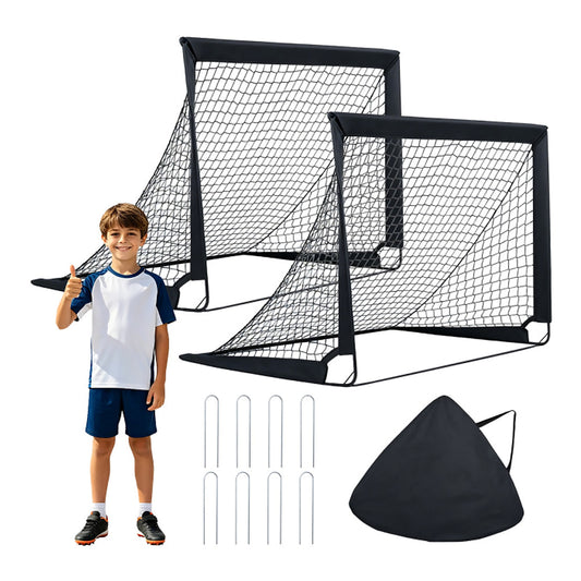 Set of 2 Pop Up Football Nets with a boy giving a thumbs up, stakes and carry bag