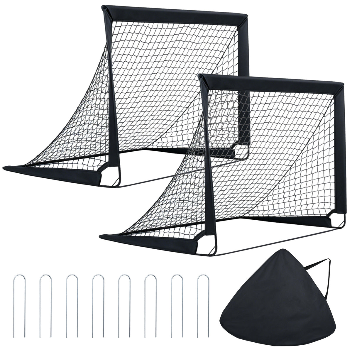 Two pop up football nets with ground stakes and a carry bag