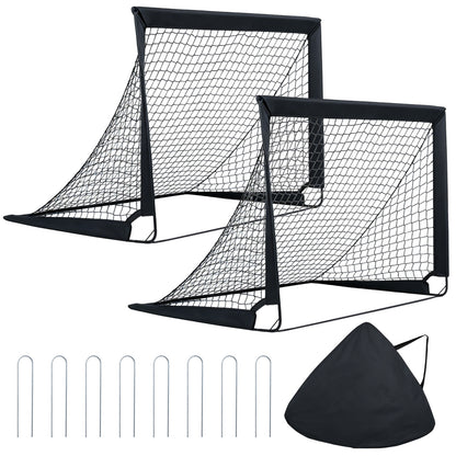 Two pop up football nets with ground stakes and a carry bag