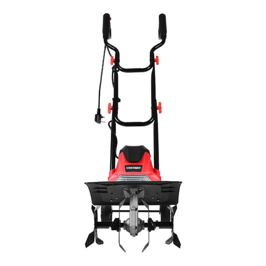 1200W Electric Garden Tiller/Cultivator with 4 Blade Till showing its front with red body and black handles