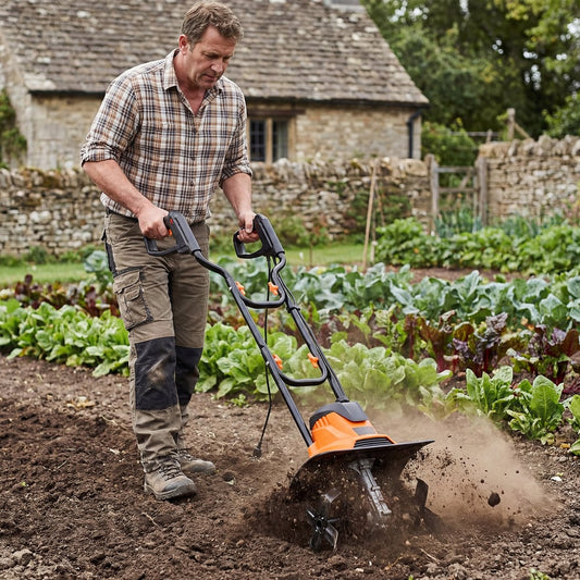 A man uses the garden rototiller to dig soil in a vegetable patch in front of a stone cottage