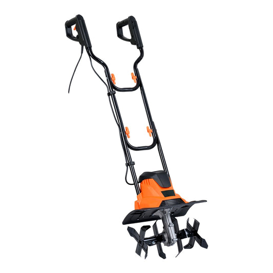 1200W Powerful Foldable Garden Rototiller for Lawn Soil Digging in orange and black, shown from the front