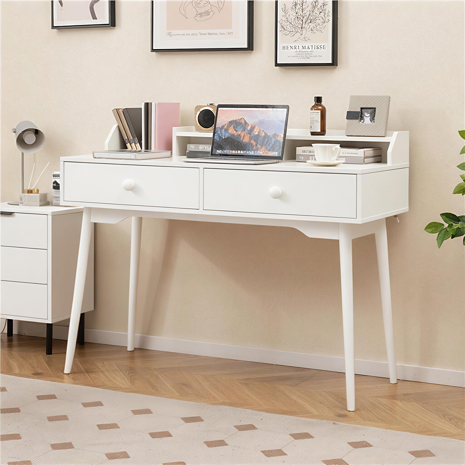 120 CM Writing Desk with Hutch and Drawers for Bedroom-White