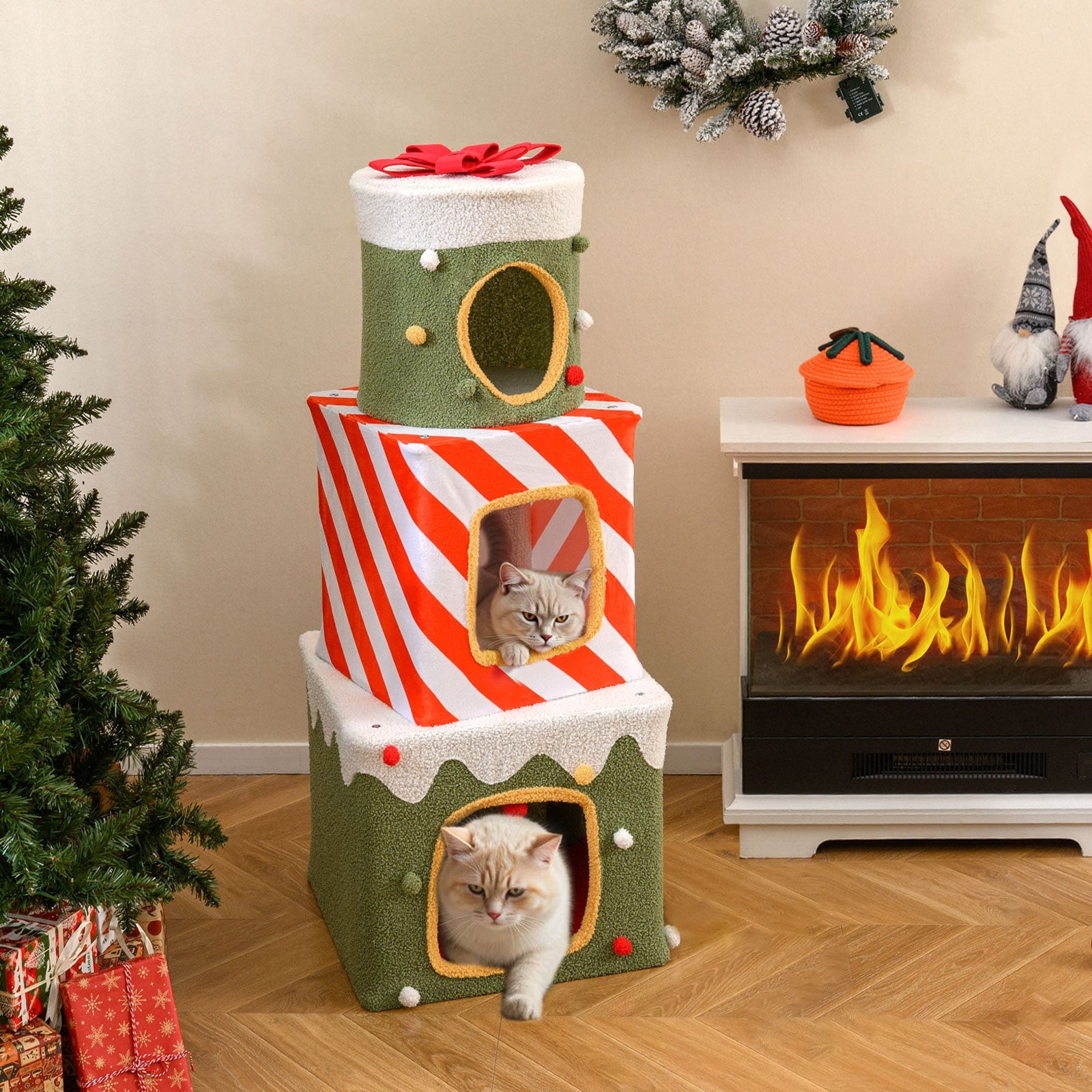 120 cm Cute Cat Climbing Furniture with 3 Condos and Hideaway Caves-Green
