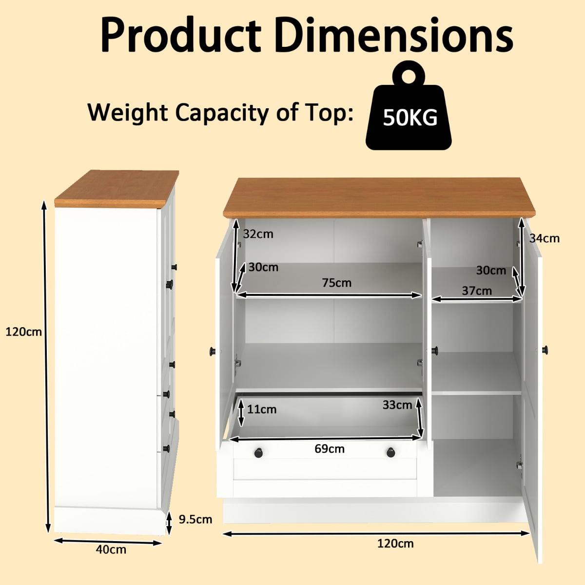 120 cm Kitchen Pantry with 3 Doors and 2 Large Drawers-White