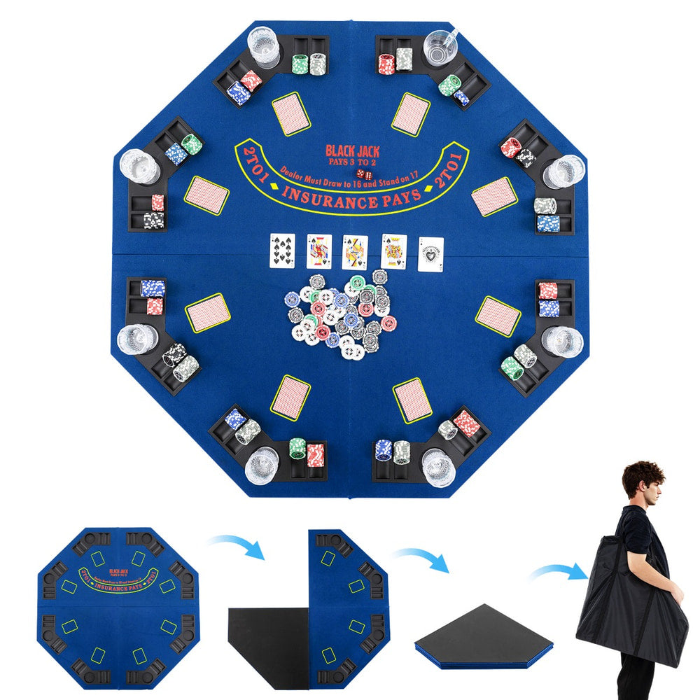 The blue poker table top shown unfolded, folded, and folded flat with its bag