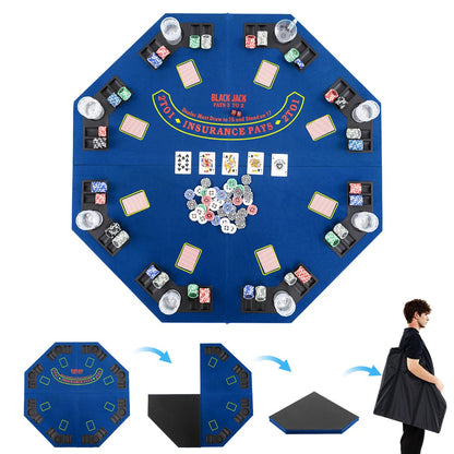 The blue poker table top shown unfolded, folded, and folded flat with its bag