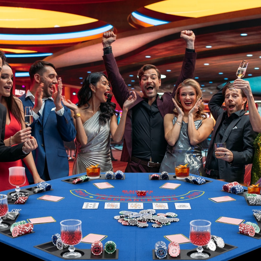 People celebrating around the blue poker table top during a game