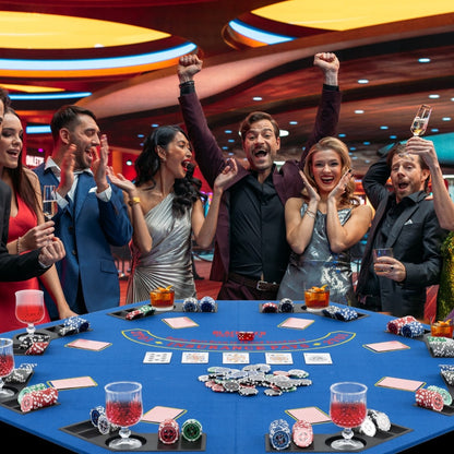 People celebrating around the blue poker table top during a game