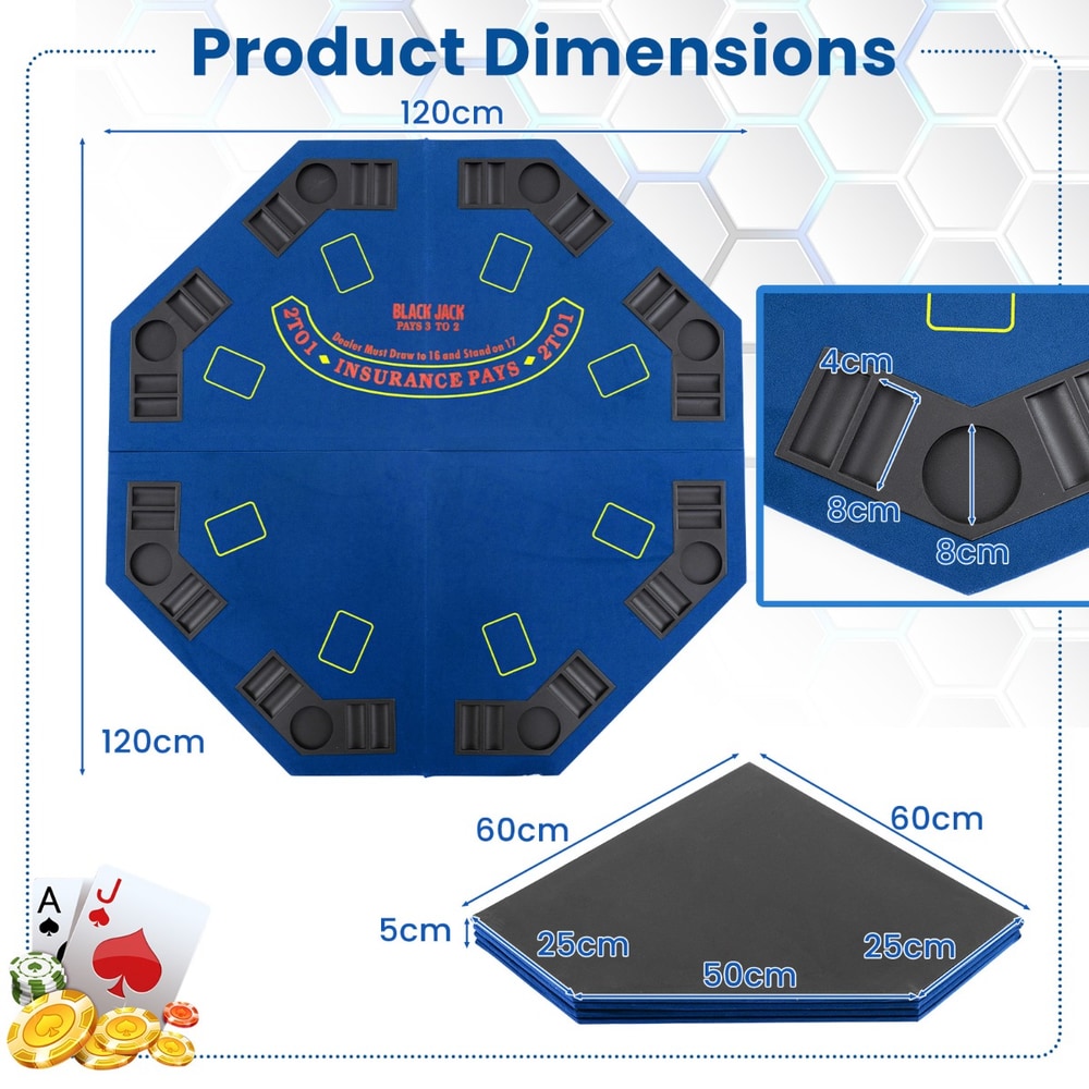 Diagram showing the dimensions of the blue poker table top and its folded state
