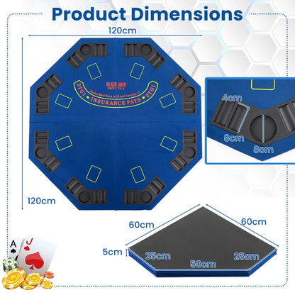 Diagram showing the dimensions of the blue poker table top and its folded state