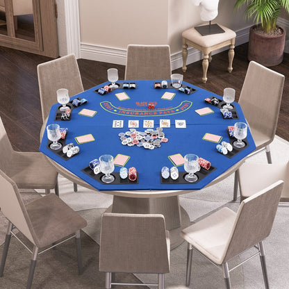 The blue poker table top set up with chairs around it in a dining room