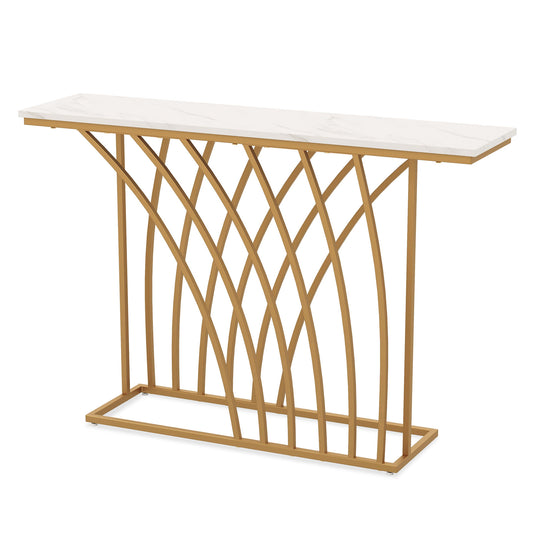 120cm Console Table with Faux Marble Tabletop featuring a white surface and gold curved metal frame