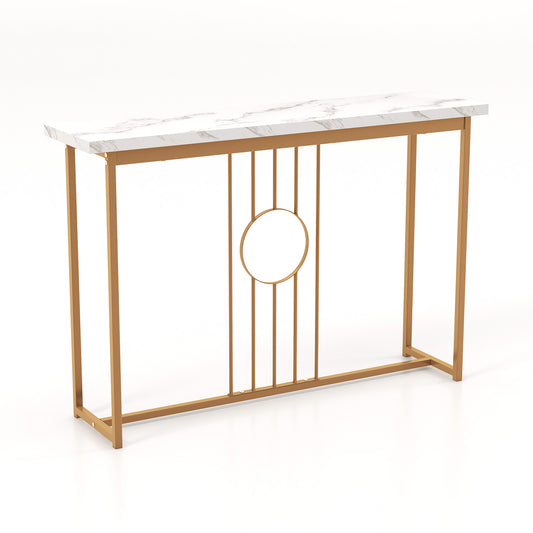 120cm Modern Faux Marble Top Console Table with a gold metal frame and circular centre detail