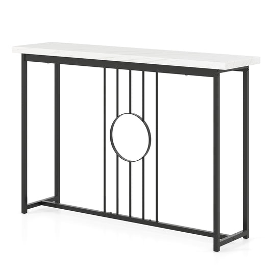 120cm Modern Faux Marble Top Console Table with a black metal frame and circular central detail