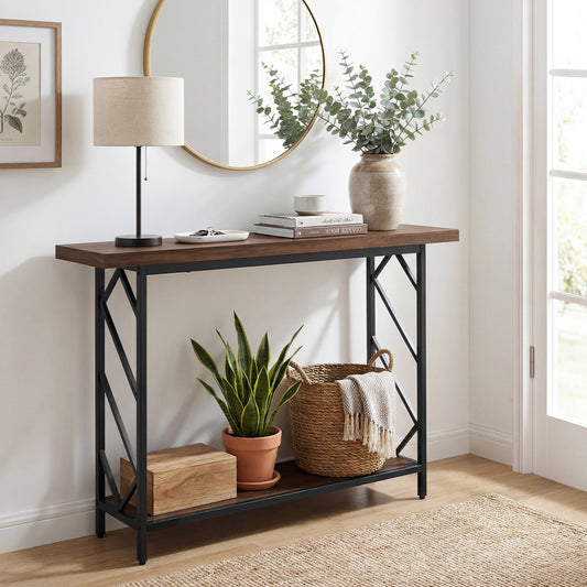 The console table styled with a lamp, plants and a basket in a hallway
