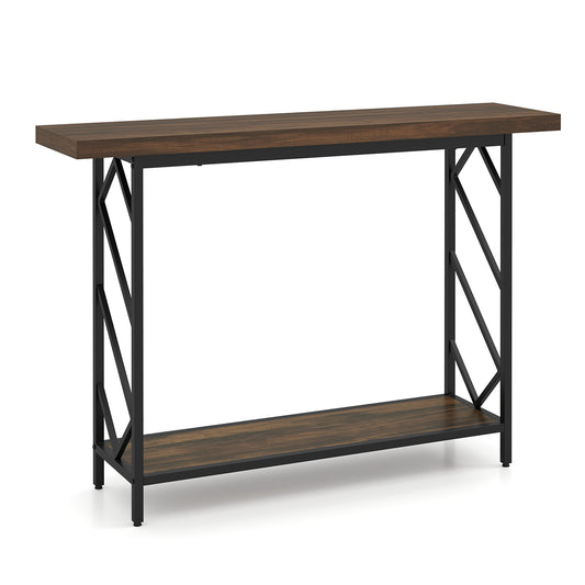 120CM Narrow Console Table 2-Tier Metal Frame with open storage shelf in rustic brown