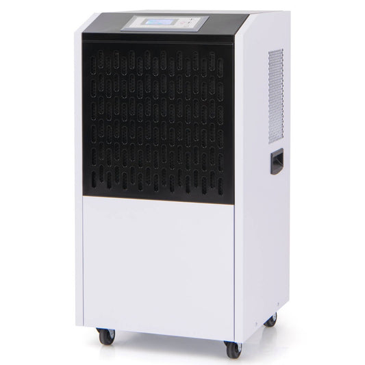 120L Commercial Industrial Dehumidifier for Spaces up to 500㎡-White, a white and black unit on wheels with a black grille