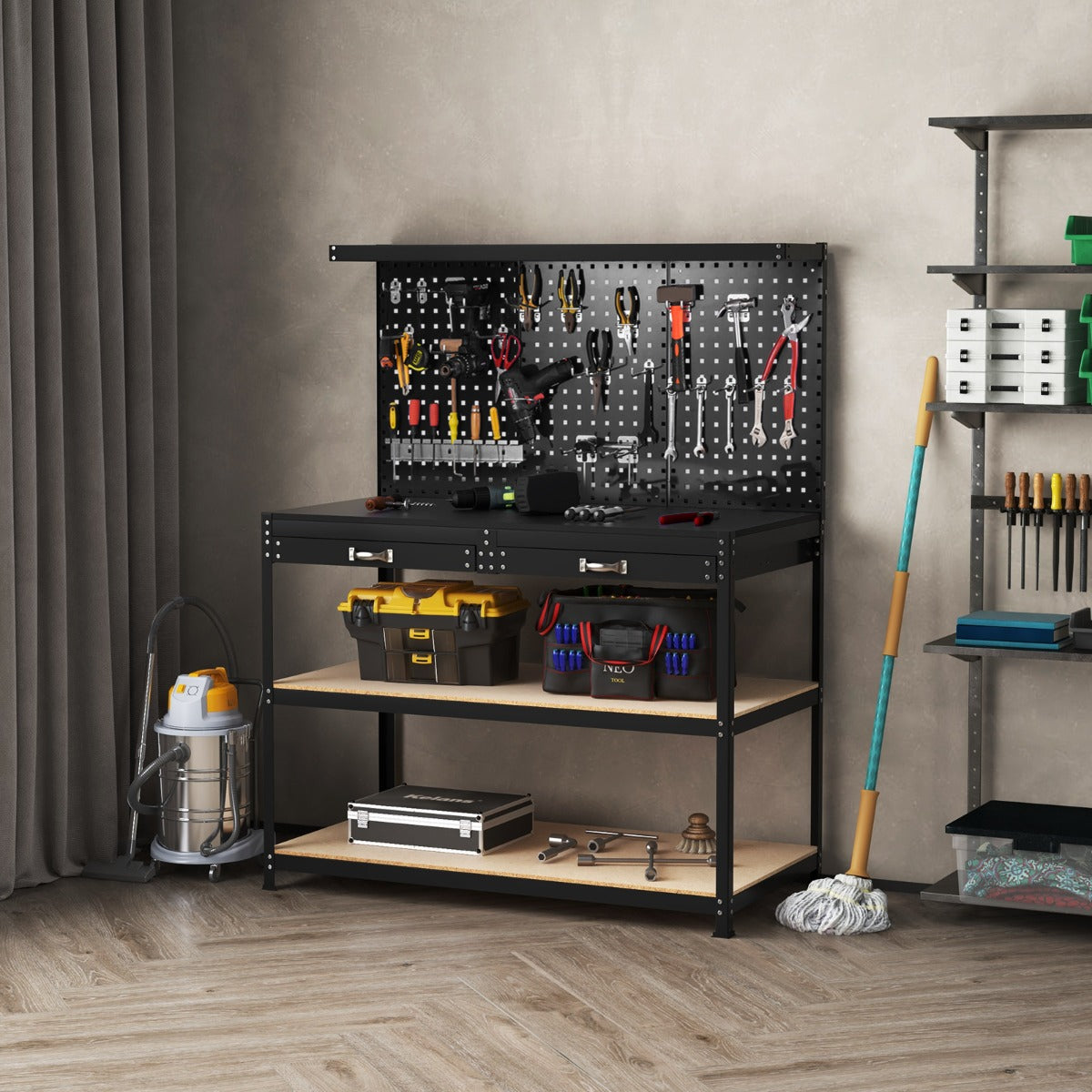 The garages workbench with tools and storage boxes arranged on its shelves and pegboard