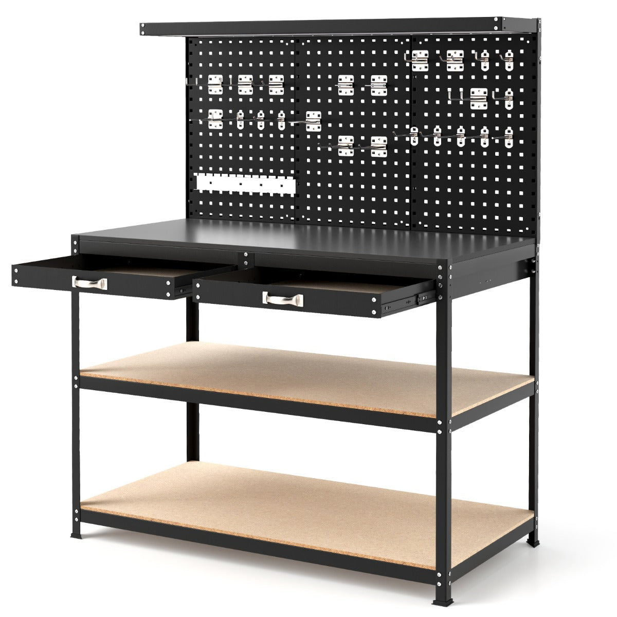 Workbench with 3 PCS Pegboard and Drawer, a black metal frame with two shelves and a pegboard back panel with drawers open