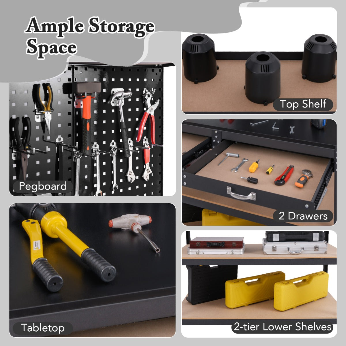 Collage showing close-ups of the workbench's pegboard, tabletop, drawers, and shelves