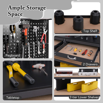 Collage showing close-ups of the workbench's pegboard, tabletop, drawers, and shelves