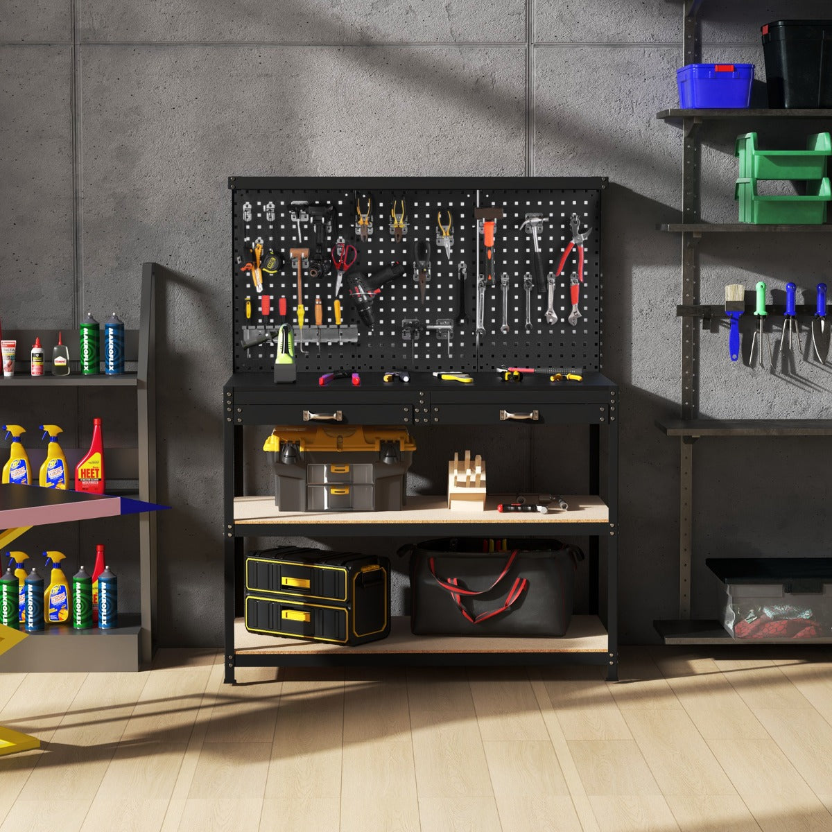 The garages workbench in a room with cleaning supplies and storage bins nearby