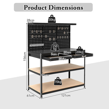 Product dimensions diagram for the black metal workbench with shelves and pegboard