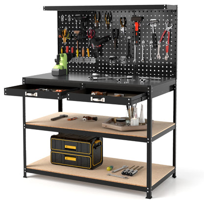 The garages workbench with tools, including a green drill, on the top shelf and in the drawers