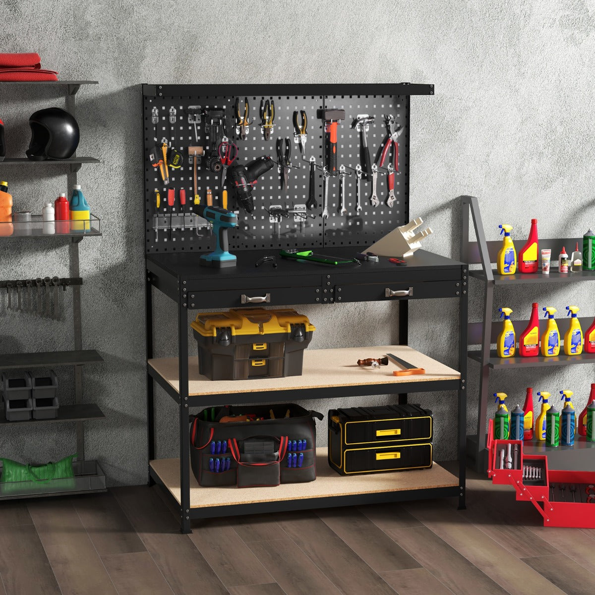 The garages workbench filled with various tools and storage containers on its shelves and pegboard