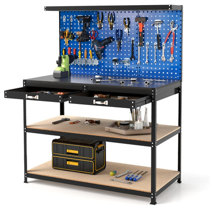 The garages workbench with pegboard and drawer, showing a close-up of the drawers and shelves with tools