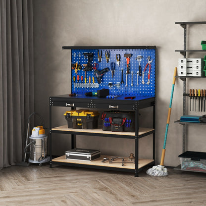 The garages workbench with pegboard and drawer, shown in a workshop setting with tools and cleaning equipment