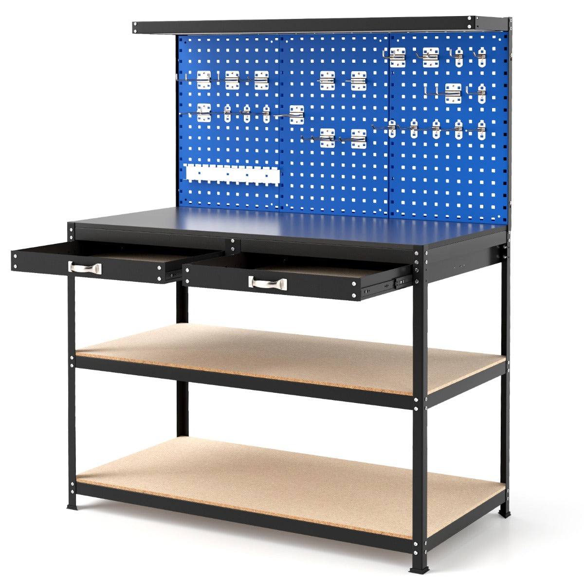 Workbench with 3 PCS Pegboard and Drawer, a navy blue pegboard with tools and two shelves below, with two drawers open