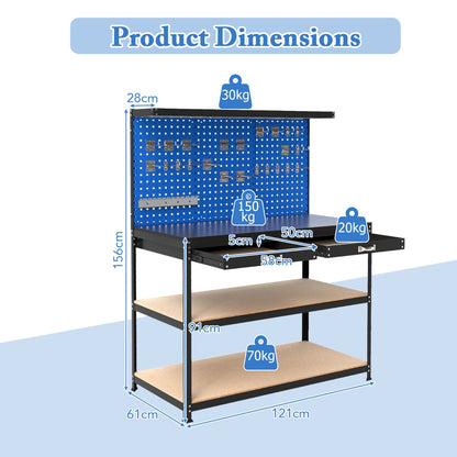 Product dimensions for the garages workbench with pegboard and drawer, showing measurements and weight capacities