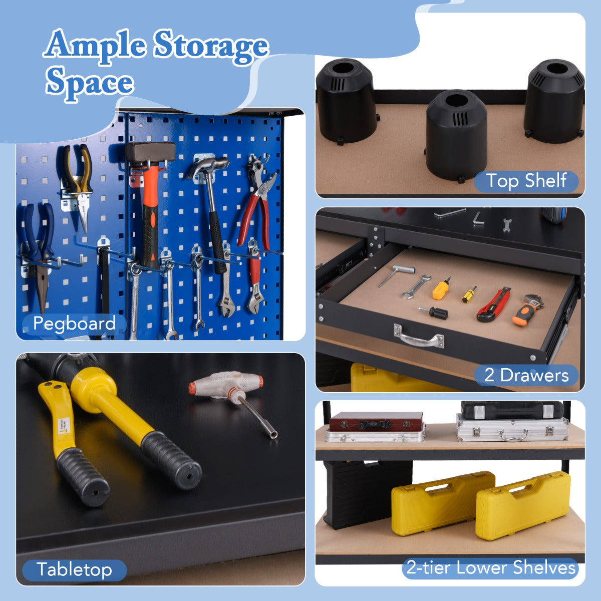 The navy blue workbench with pegboard and drawer showing ample storage space with pegboard, tabletop and shelves