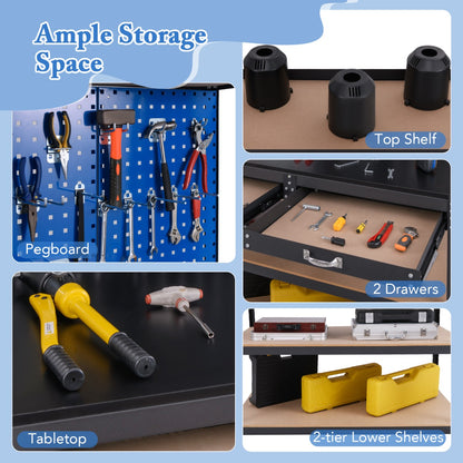 The navy blue workbench with pegboard and drawer showing ample storage space with pegboard, tabletop and shelves