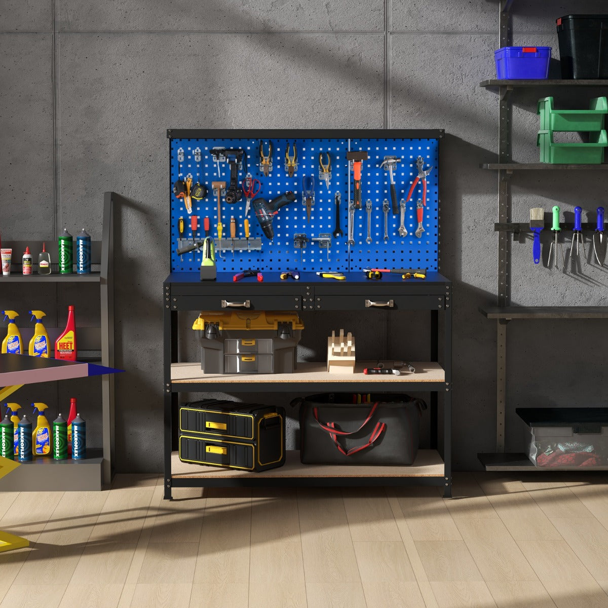 The garages workbench with pegboard and drawer, set up in a storage room with cleaning supplies and tool bags