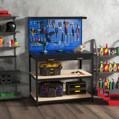 This garages workbench with pegboard and drawer is displayed in a workshop with various toolboxes and shelves