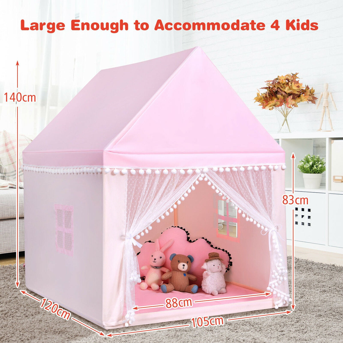 Kids Play Tent Wood Frame Large Playhouse Tents with Mat-Pink