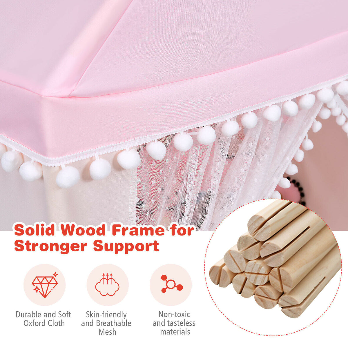 Kids Play Tent Wood Frame Large Playhouse Tents with Mat-Pink