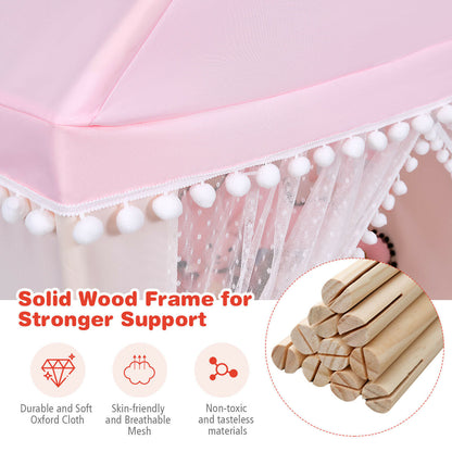 Kids Play Tent Wood Frame Large Playhouse Tents with Mat-Pink