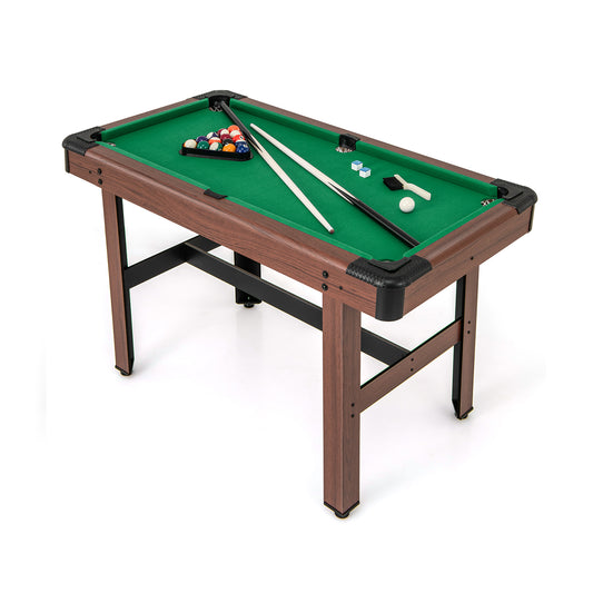 122 cm Wooden Pool Table for Kids and Adults-Green, set up with balls and cues on a green felt surface